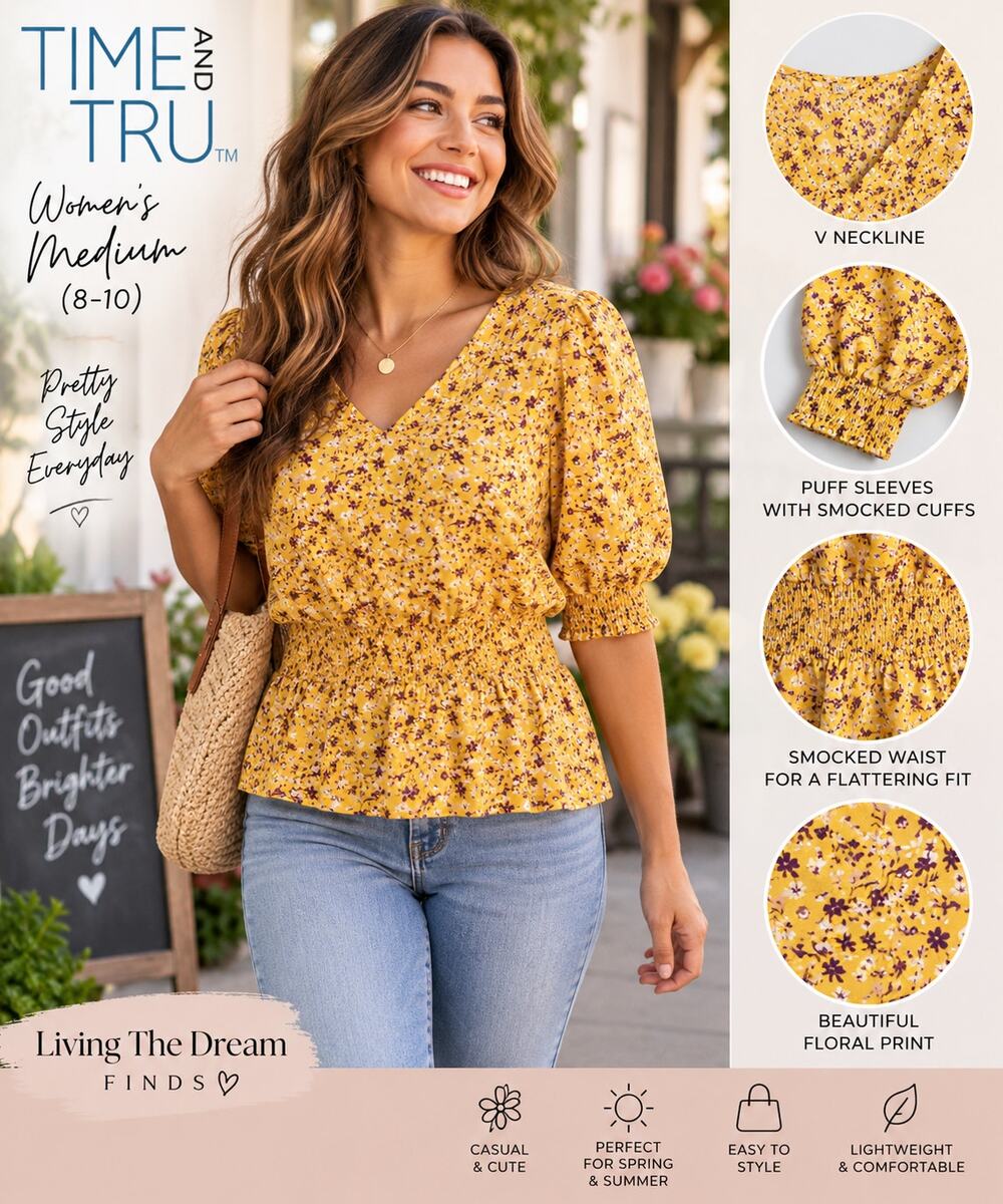 Time and Tru Women’s Medium Yellow Floral Smocked Waist Peplum Blouse